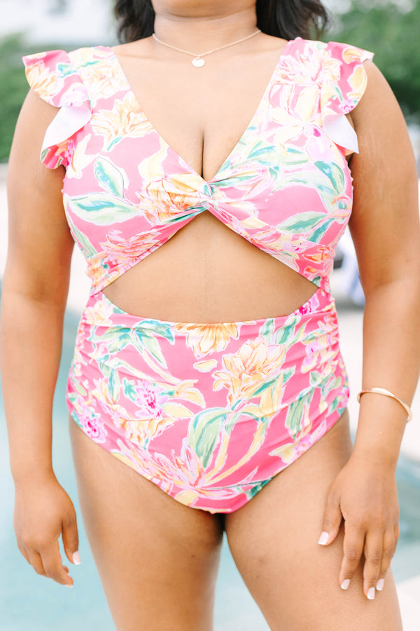 Plus Size coral floral cutout one-piece swimsuit with ruffle sleeves and a twisted bust detail.