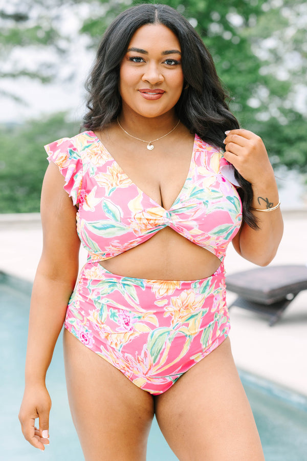 Plus Size coral floral cutout one-piece swimsuit with ruffle sleeves and a twisted bust detail.