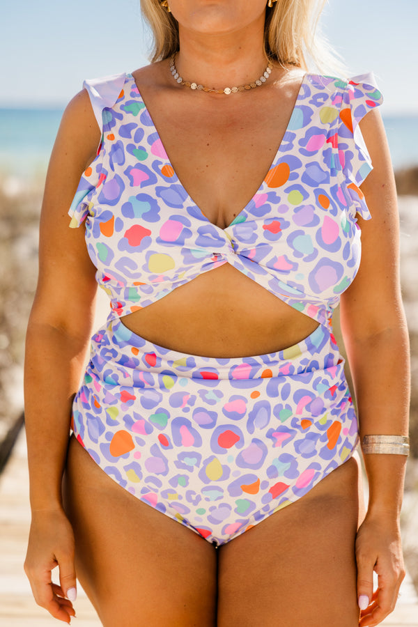 Chic Soul plus size clothing, short-flutter-sleeve purple one-piece swimsuit with a keyhole in the middle and a multi-colored purple leopard print with a v-neckline 