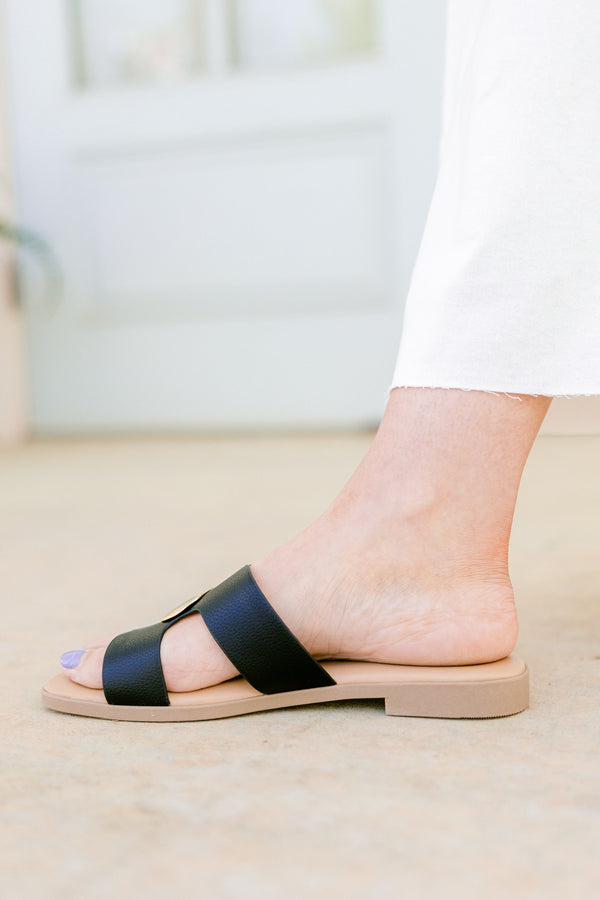 Chic Soul plus size clothing, black flat slide sandals with double strap detail with gold round pendent in the middle