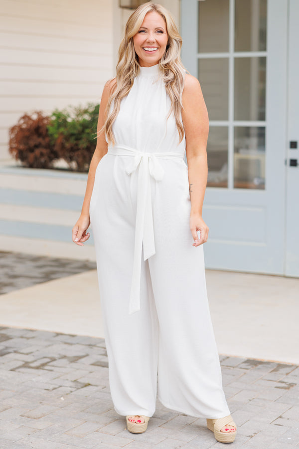 Chic Soul plus size clothing, white jumpsuit with a halter neckline and tie at waist