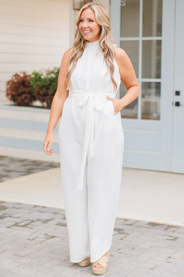 Chic Soul plus size clothing, white jumpsuit with a halter neckline and tie at waist
