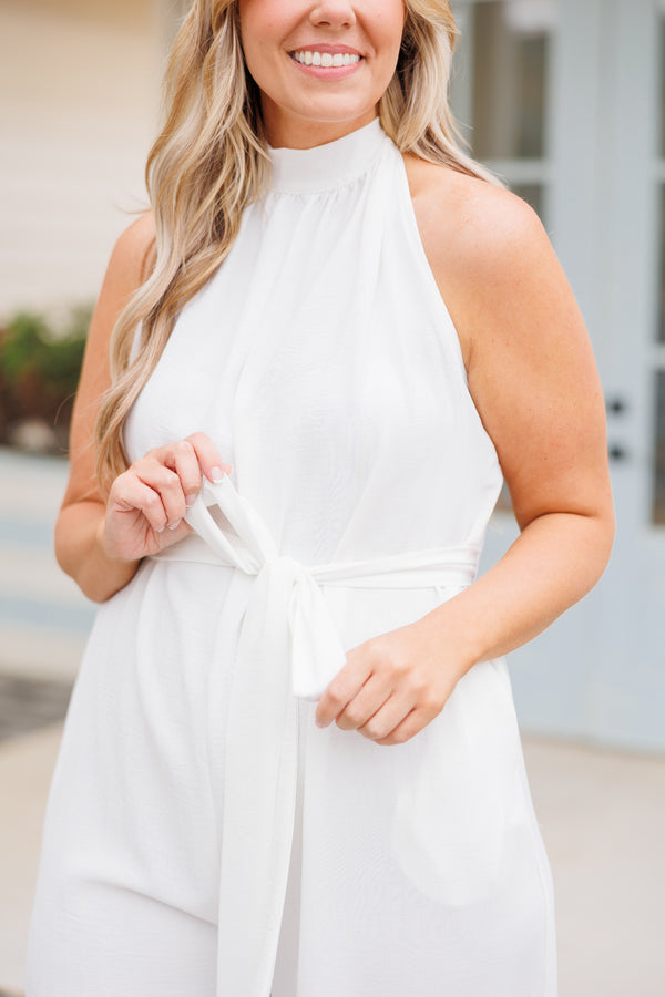 Chic Soul plus size clothing, white jumpsuit with a halter neckline and tie at waist