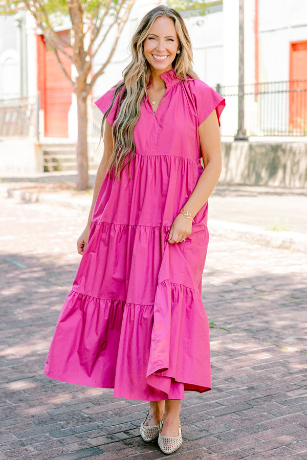 Chic Soul Plus size Clothing, Fuchsia tiered maxi dress with short sleeves and a ruffle detail on the collar 