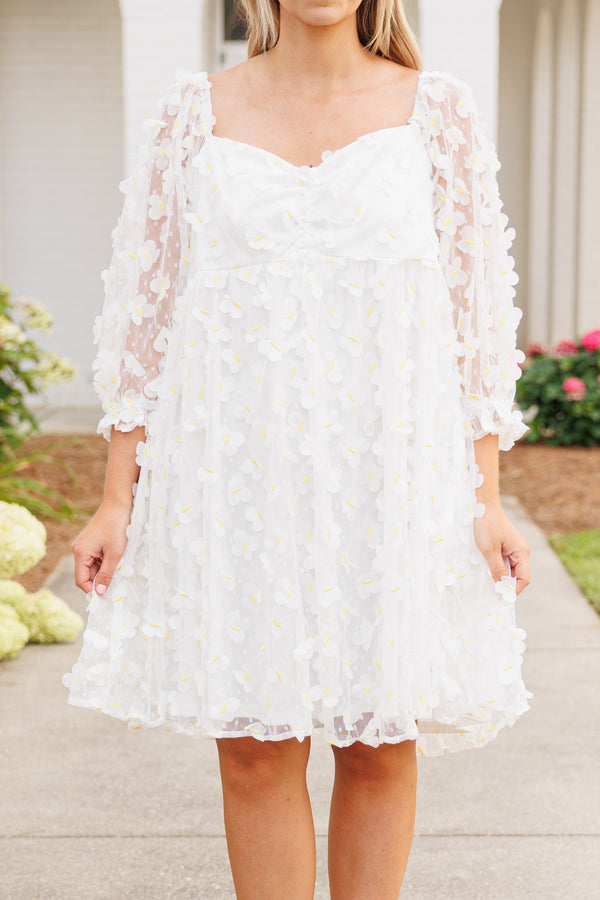 Chic Soul plus size clothing, white flowy dress with butterfly embellishment pattern and bubble sleeves