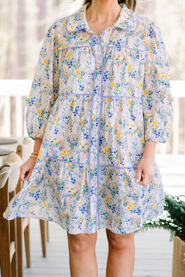 Chic Soul plus size clothing, long-puffed-sleeve purple collared buttoned dress with ruffled detailing and a purple multi-colored floral pattern with a purple lining 