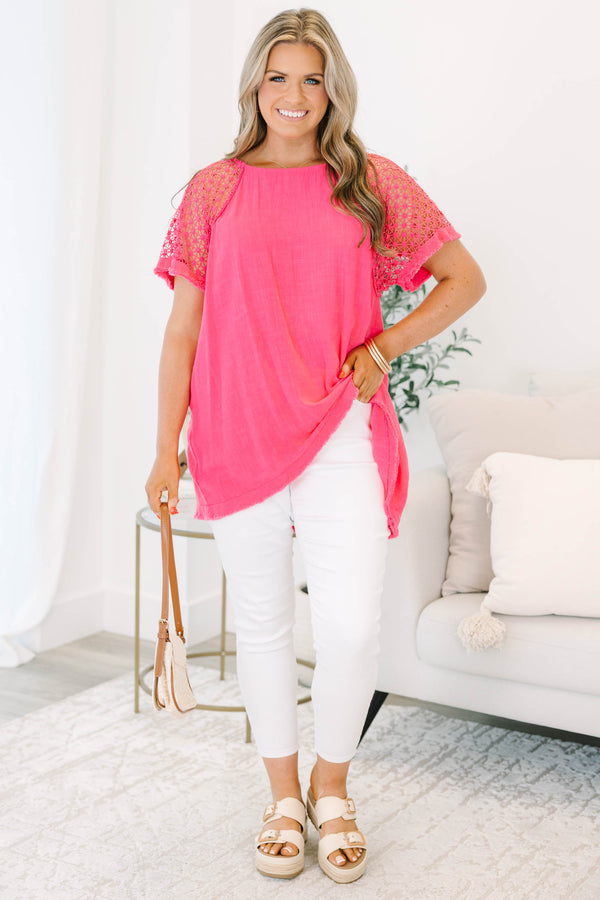 Chic Soul plus size clothing, hot pink short sleeve top with lace sleeves with frayed detail along the bottom
