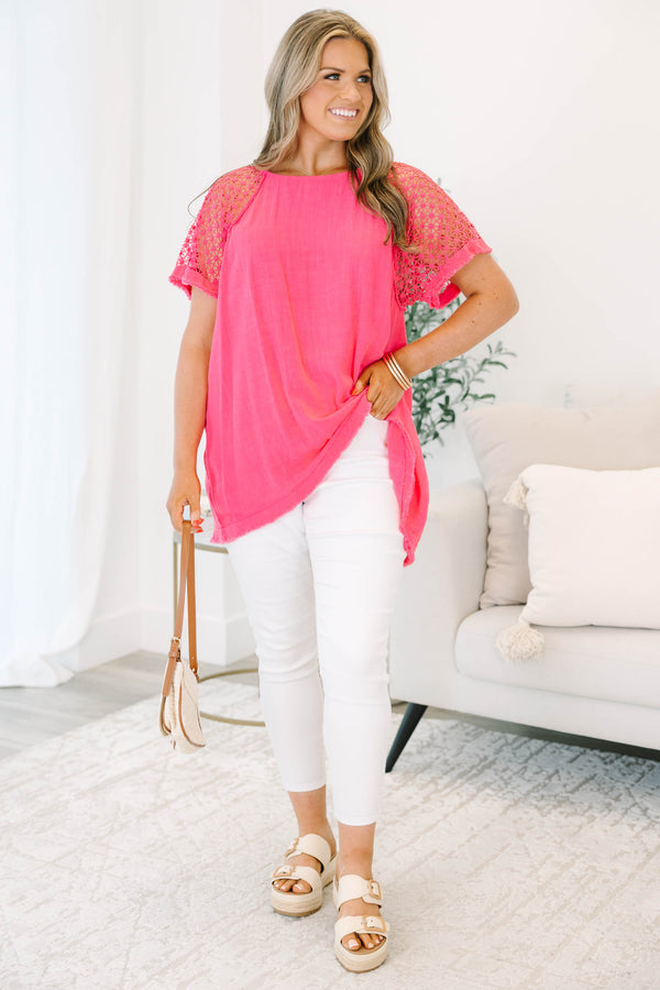 Chic Soul plus size clothing, hot pink short sleeve top with lace sleeves with frayed detail along the bottom