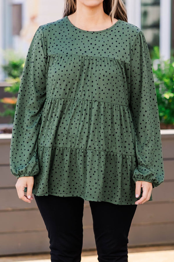 Chic Soul plus size clothing, olive green top with black polka dots and cuffed bubble sleeves