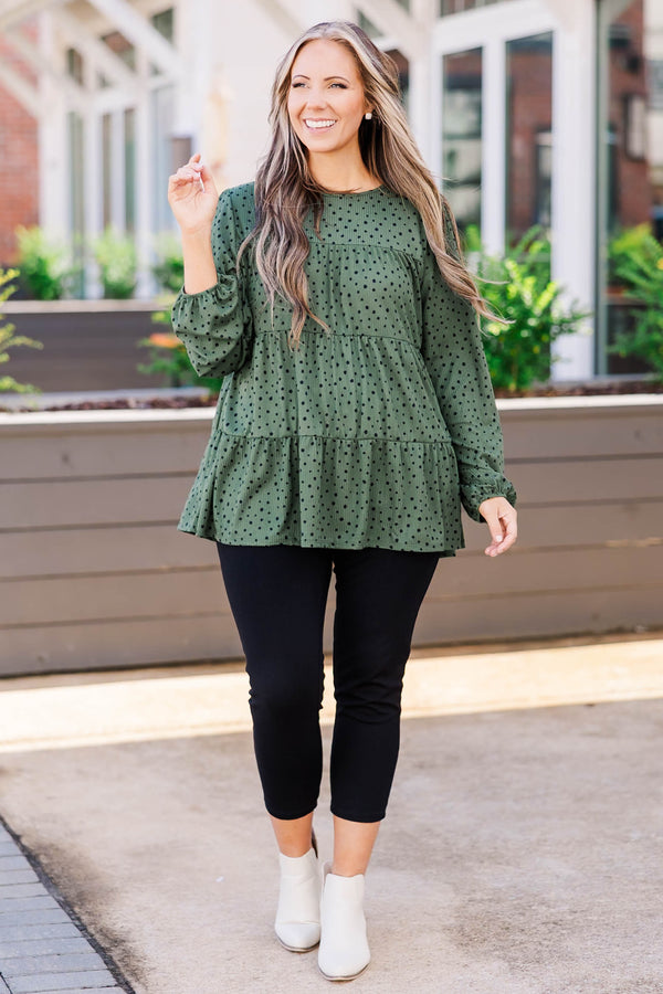 Chic Soul plus size clothing, olive green top with black polka dots and cuffed bubble sleeves