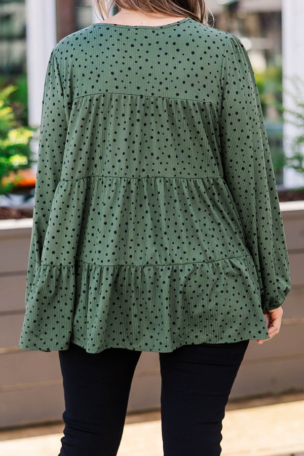 Chic Soul plus size clothing, olive green top with black polka dots and cuffed bubble sleeves