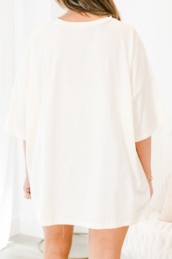 Chic Soul plus size clothing, short-sleeve ivory white drop-shoulder boyfriend tee with a high-scoop-neckline with a red and blue graphic calligraphy stating 