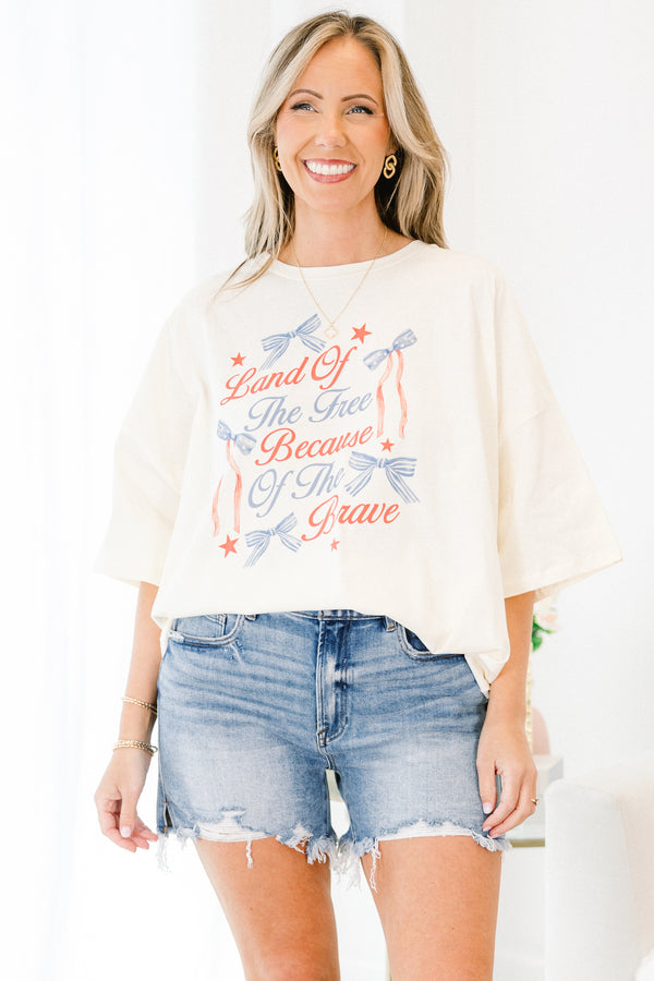 Chic Soul plus size clothing, short-sleeve ivory white drop-shoulder boyfriend tee with a high-scoop-neckline with a red and blue graphic calligraphy stating 