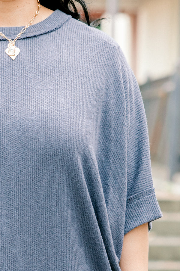 Chic Soul plus size clothing, denim blue half sleeve boat neck basic top