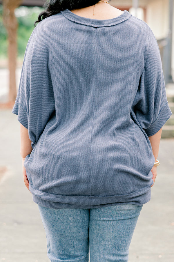 Chic Soul plus size clothing, denim blue half sleeve boat neck basic top