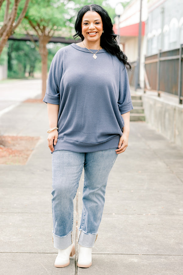 Chic Soul plus size clothing, denim blue half sleeve boat neck basic top