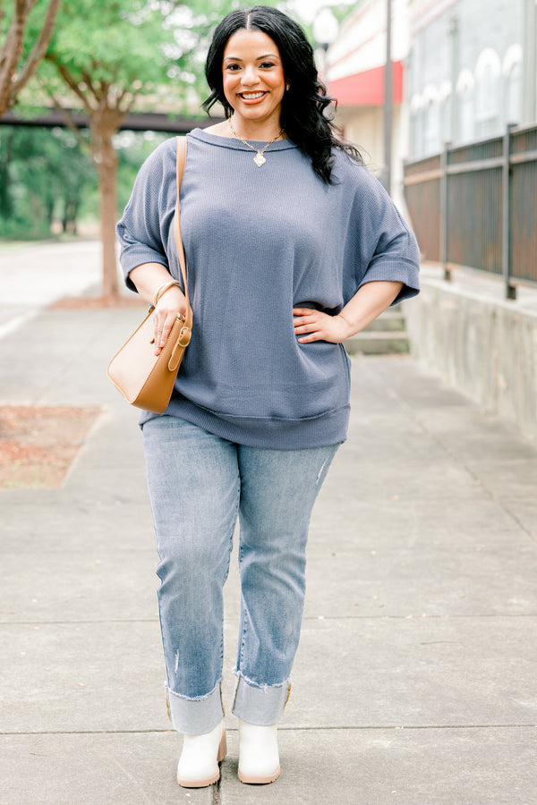 Chic Soul plus size clothing, denim blue half sleeve boat neck basic top