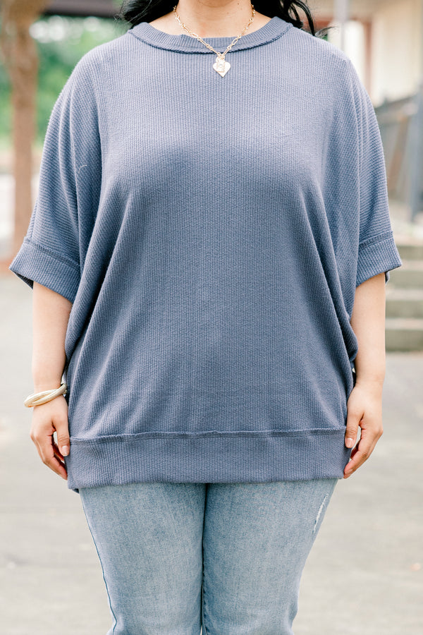 Chic Soul plus size clothing, denim blue half sleeve boat neck basic top