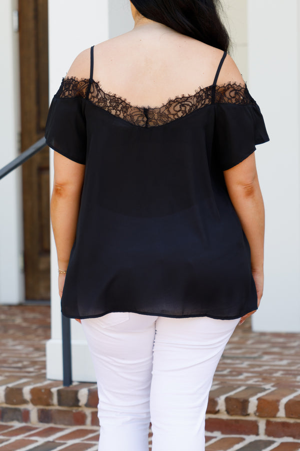 Chic Soul plus size clothing, black flowy top with cold shoulder sleeves and lace detailing