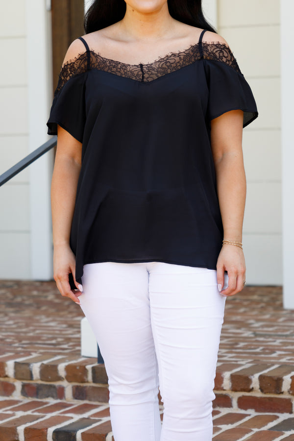 Chic Soul plus size clothing, black flowy top with cold shoulder sleeves and lace detailing