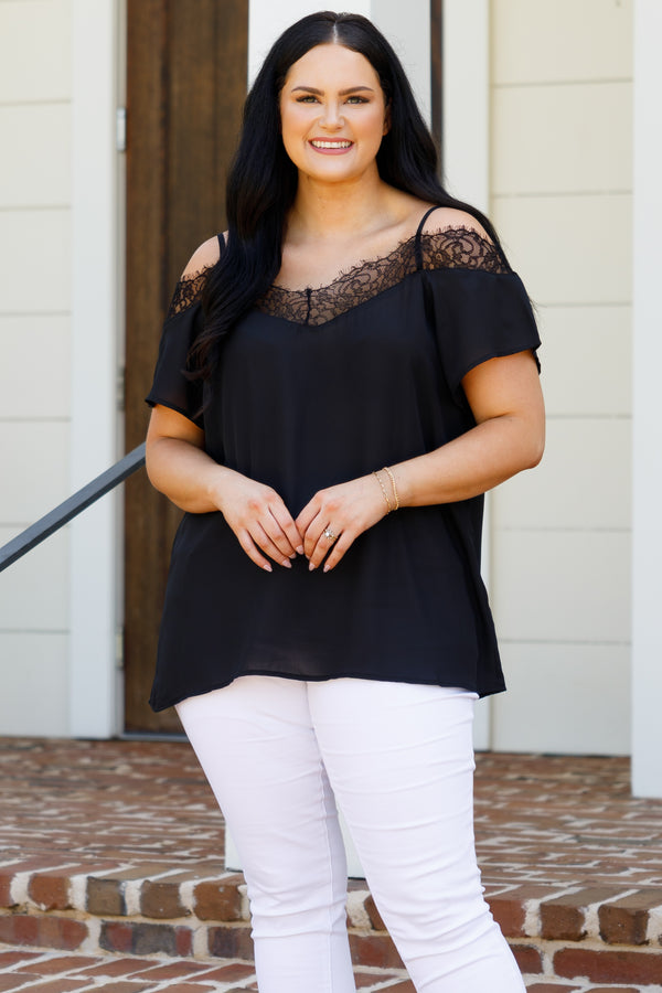 Chic Soul plus size clothing, black flowy top with cold shoulder sleeves and lace detailing