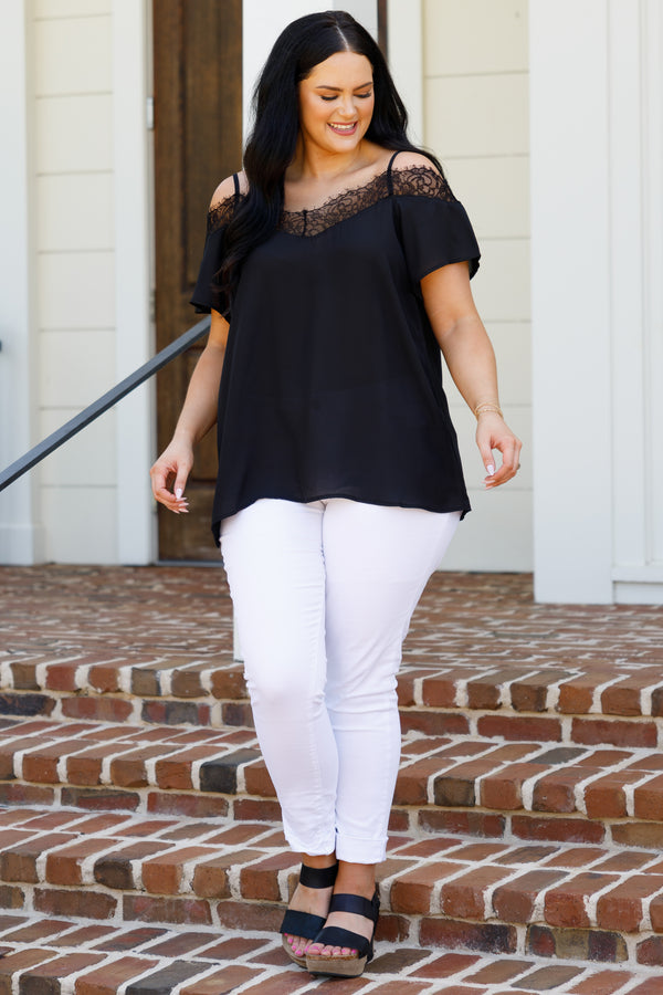 Chic Soul plus size clothing, black flowy top with cold shoulder sleeves and lace detailing