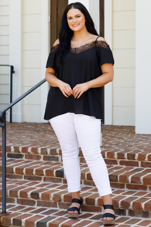 Chic Soul plus size clothing, black flowy top with cold shoulder sleeves and lace detailing