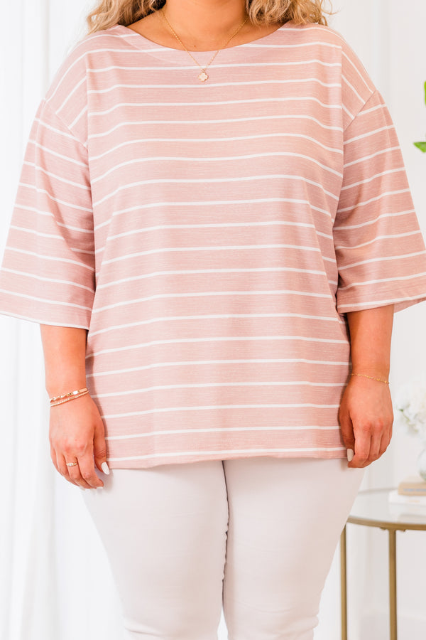Chic Soul plus size clothing, short sleeve dark mauve top with white stripes