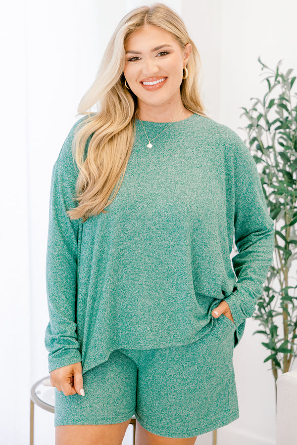 Chic Soul plus size clothing, dark green speckled long sleeve top and short set
