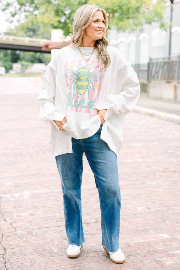 Plus Size ivory crew neck sweatshirt with a colorful bee graphic and 