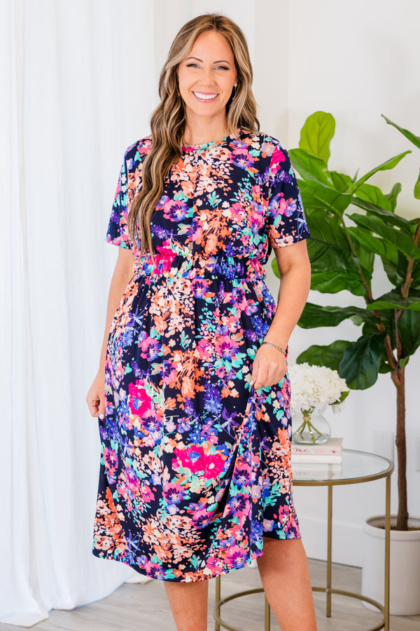 Chic Soul plus size clothing, navy multi printed midi dress with short sleeves and synched waist