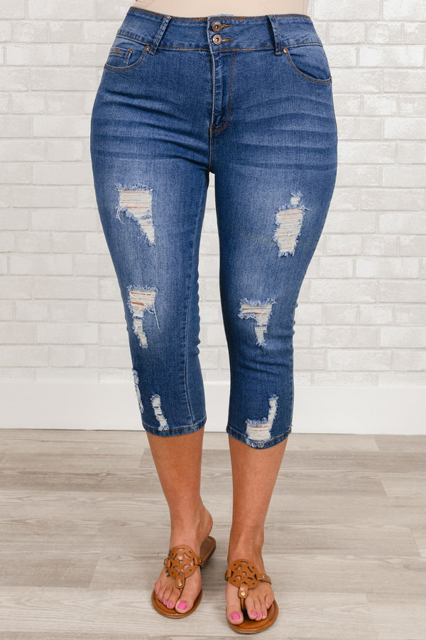 Chic Soul plus size clothing, medium wash distressed denim capris