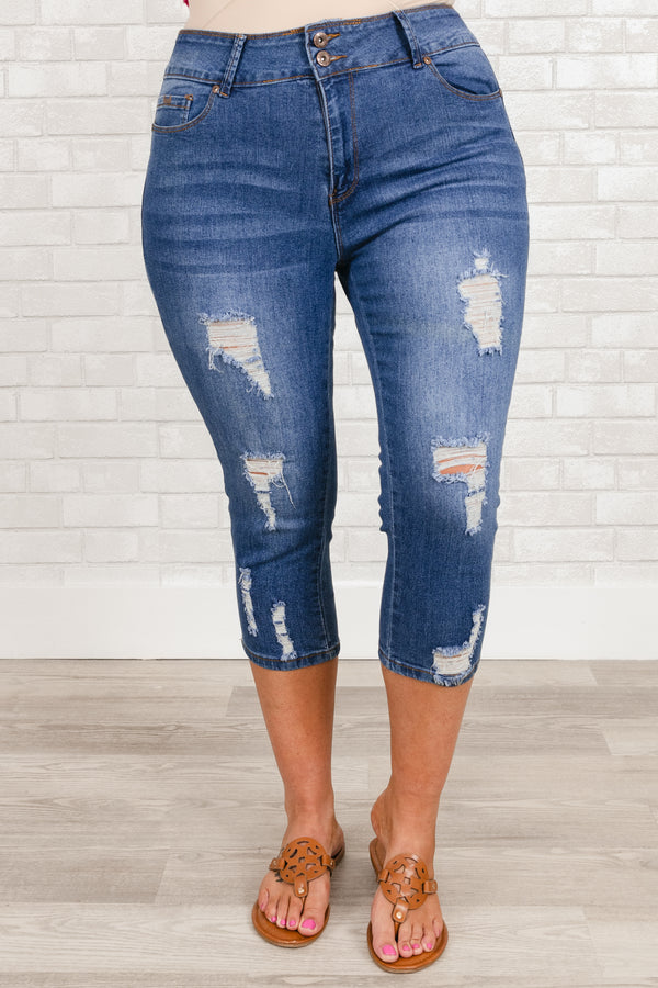 Chic Soul plus size clothing, medium wash distressed denim capris