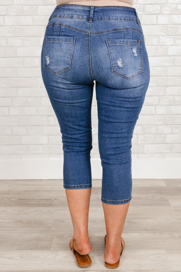 Chic Soul plus size clothing, medium wash distressed denim capris
