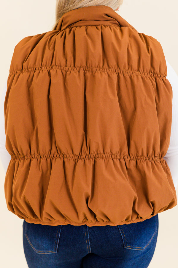 Chic Soul plus size clothing, brown zip up puffer vest with pockets