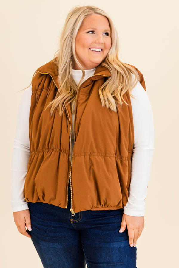 Chic Soul plus size clothing, brown zip up puffer vest with pockets