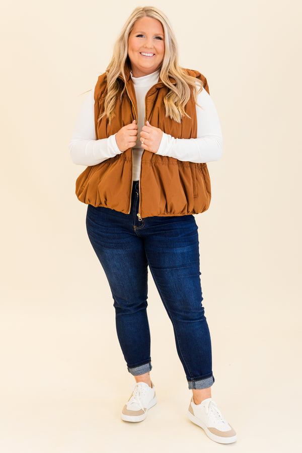 Chic Soul plus size clothing, brown zip up puffer vest with pockets
