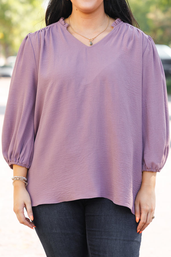 Chic Soul plus size clothing, plum colored blouse with v neck and slight puff sleeve