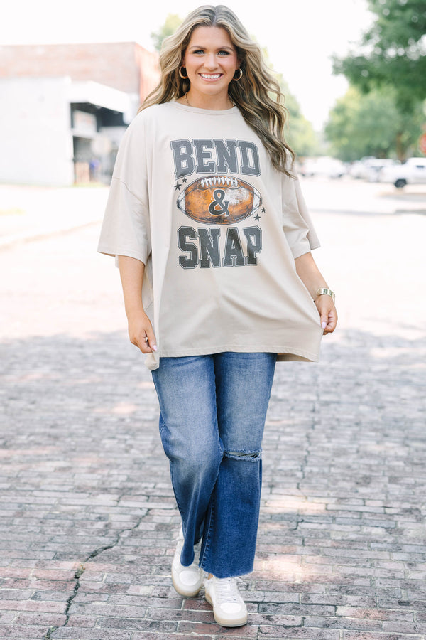Plus size clothing, light mocha oversized boyfriend tee with football graphic