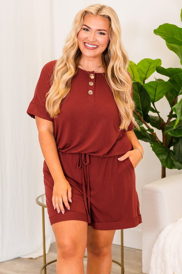 Chic Soul plus size clothing, short sleeve fired brick romper with waist tie and brown button detailing 
