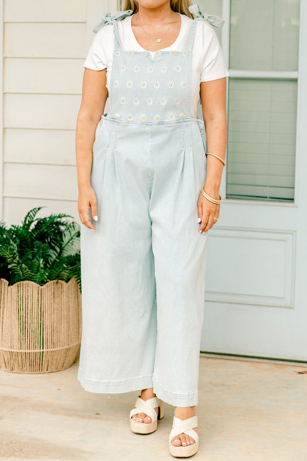 Chic Soul plus size clothing, overall light wash denim wide leg cropped jumpsuit with embroidered floral pattern on the bodice