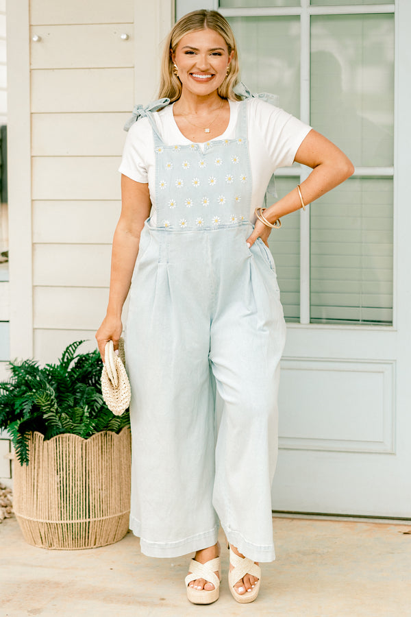 Chic Soul plus size clothing, overall light wash denim wide leg cropped jumpsuit with embroidered floral pattern on the bodice