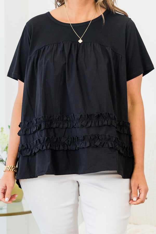 Chic Soul plus size clothing, black short sleeve flowy top with round neckline with cinch along chest with ruffle stripe detail along bottom