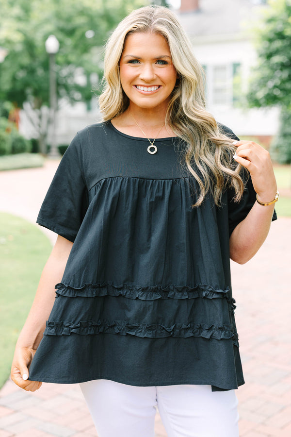 Chic Soul plus size clothing, black short sleeve flowy top with round neckline with cinch along chest with ruffle stripe detail along bottom