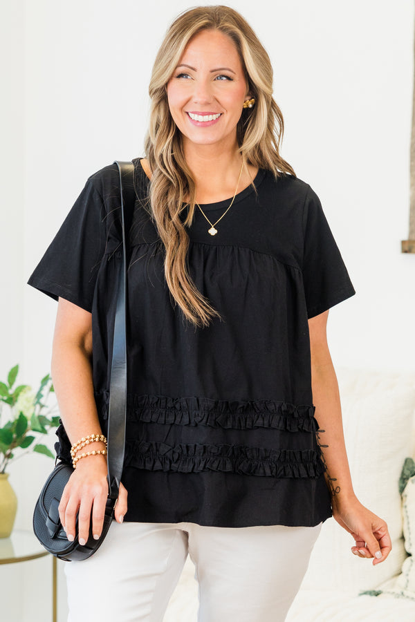 Chic Soul plus size clothing, black short sleeve flowy top with round neckline with cinch along chest with ruffle stripe detail along bottom