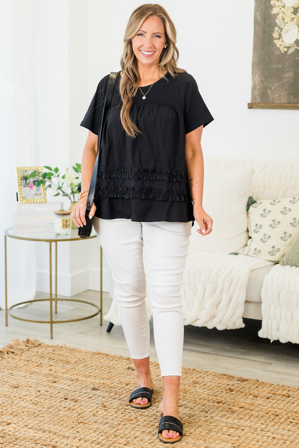 Chic Soul plus size clothing, black short sleeve flowy top with round neckline with cinch along chest with ruffle stripe detail along bottom