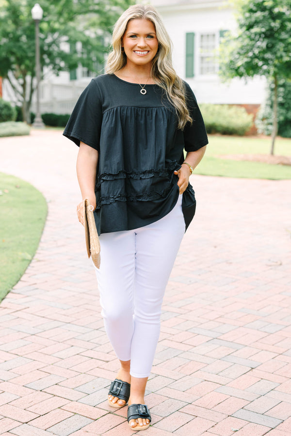 Chic Soul plus size clothing, black short sleeve flowy top with round neckline with cinch along chest with ruffle stripe detail along bottom