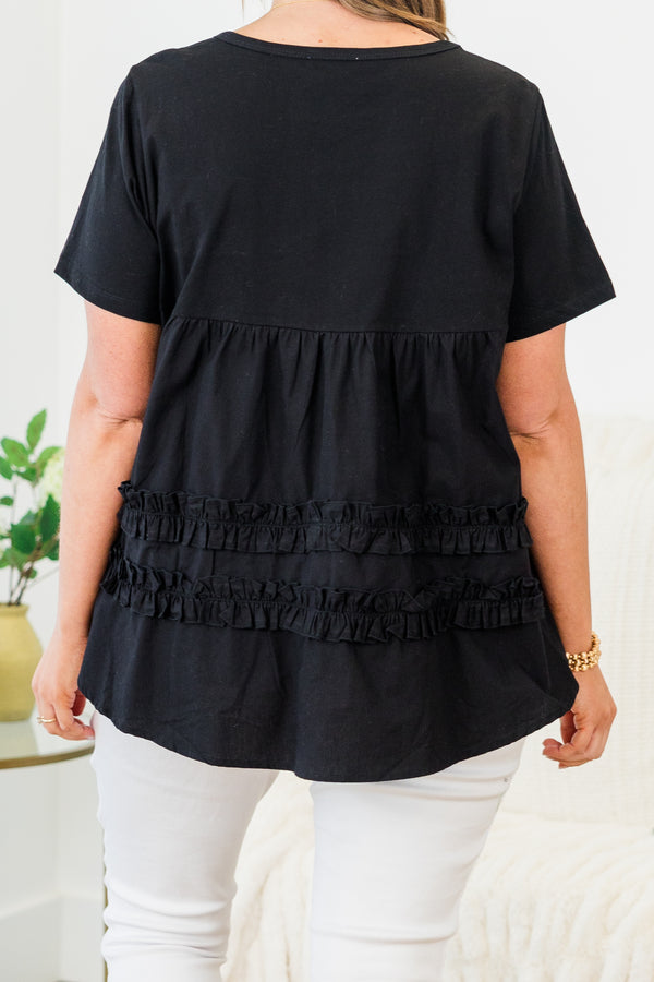 Chic Soul plus size clothing, black short sleeve flowy top with round neckline with cinch along chest with ruffle stripe detail along bottom