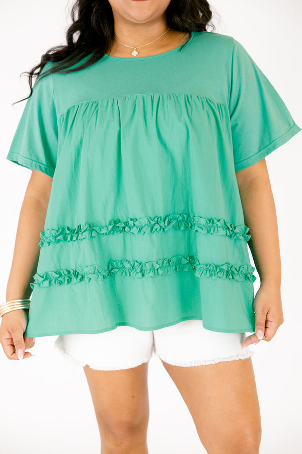 Chic Soul plus size clothing, Teal baby doll top with short sleeves and two ruffle stripes on the bottom of the shirt 