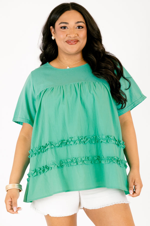Chic Soul plus size clothing, Teal baby doll top with short sleeves and two ruffle stripes on the bottom of the shirt 
